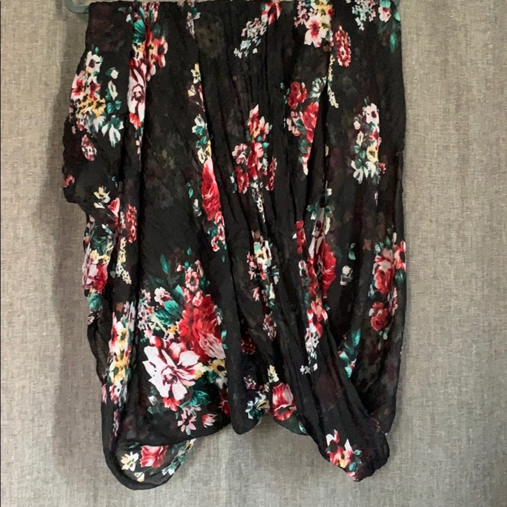 Black with floral print and fringe scarf
